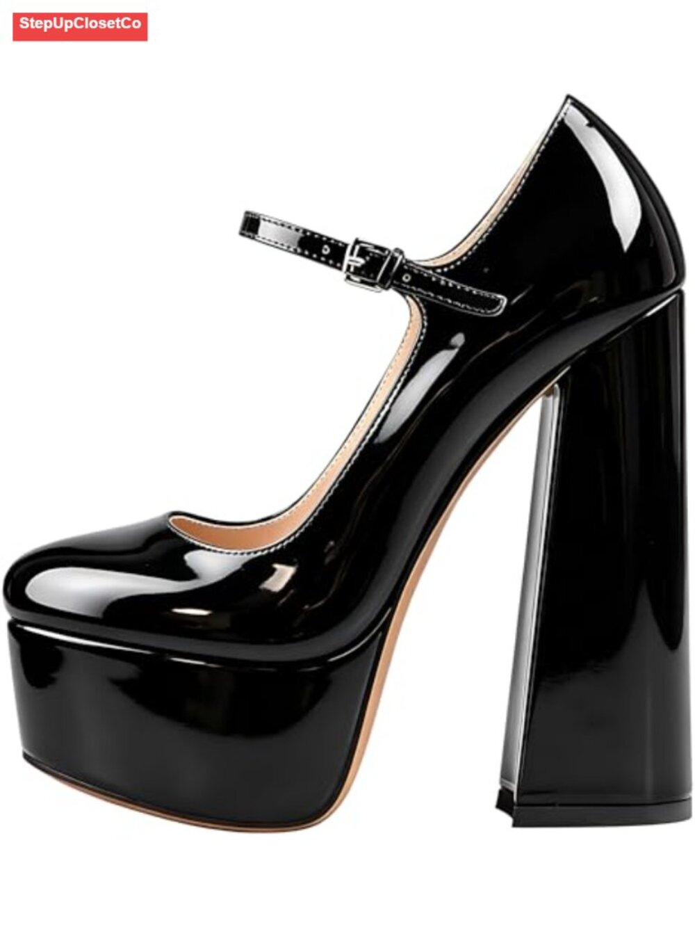 Mary Jane Platform Chunky High Heels Ankle Strap Close Toe Pumps Patent Leather